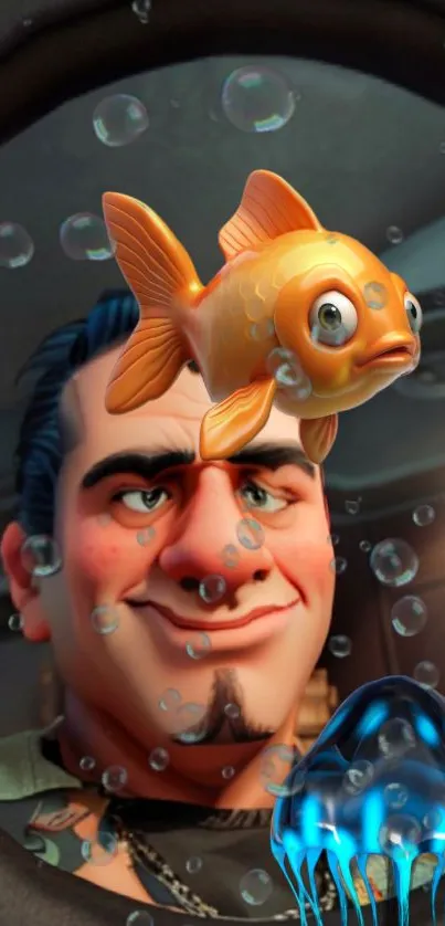 Animated character with fish in vibrant colors.