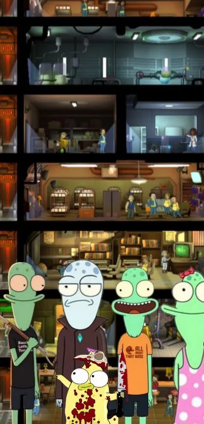 Animated alien family in a vibrant multilevel sci-fi setting.