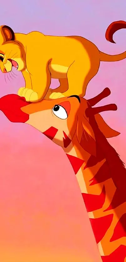 Cartoon lion cub on giraffe against peach sky.