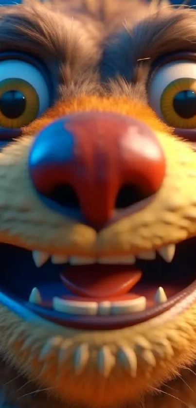 Close-up of a cheerful animated animal face in vibrant colors.