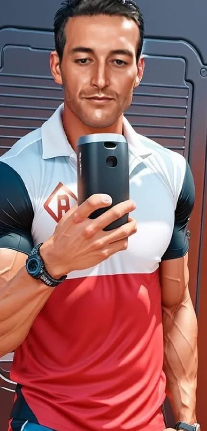 Animated athlete with phone, muscular build, red and blue tones.