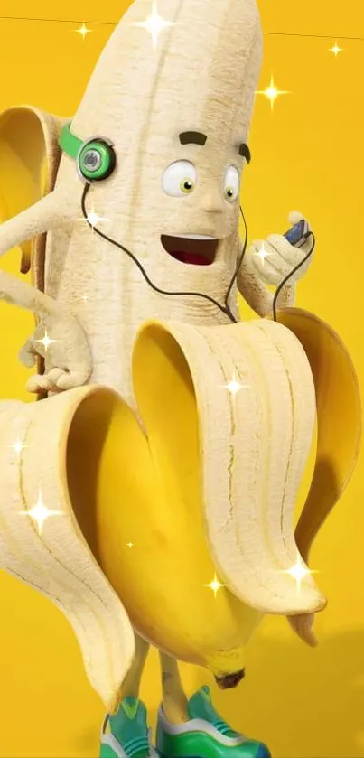 Cartoon banana with headphones on yellow background.