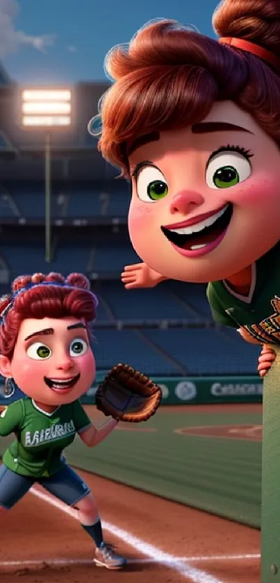 Two lively cartoon characters playing baseball in an animated stadium setting.