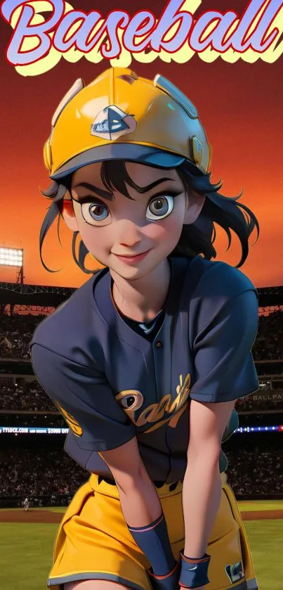 Animated baseball player in uniform with orange sunset background.