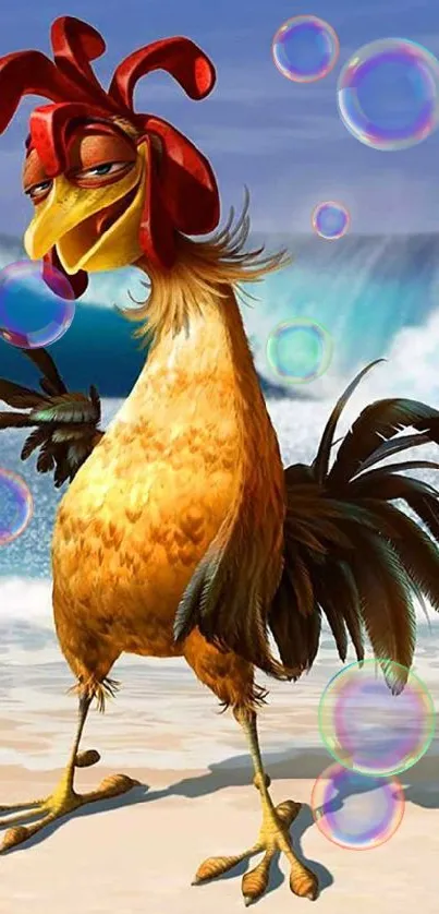 Animated rooster on a sunny beach with ocean waves.