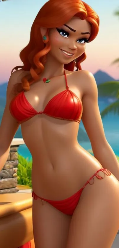 Animated scene with red bikini girl on tropical beach.