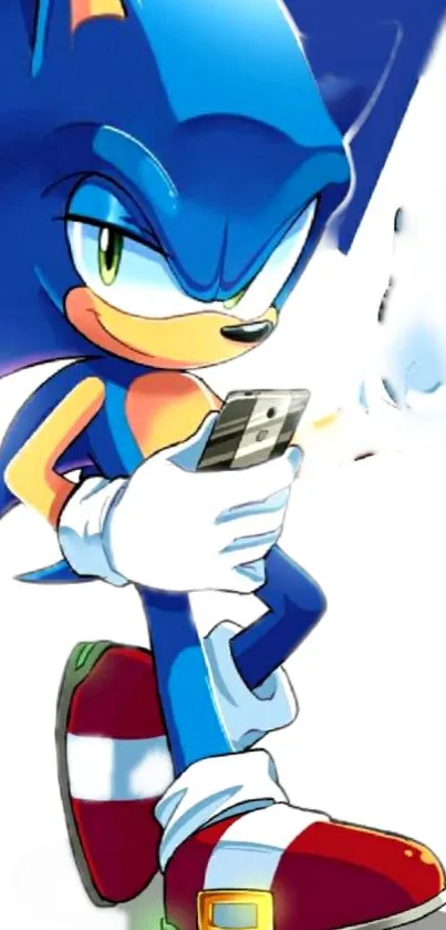 Animated blue character holding a phone.