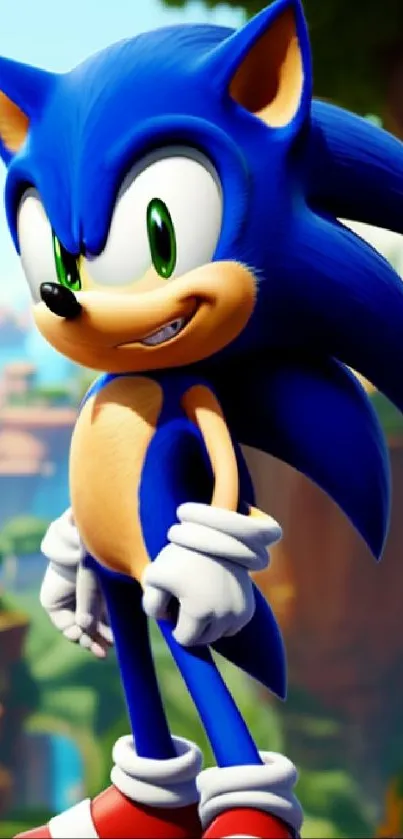 Iconic blue hedgehog in vibrant animated setting.