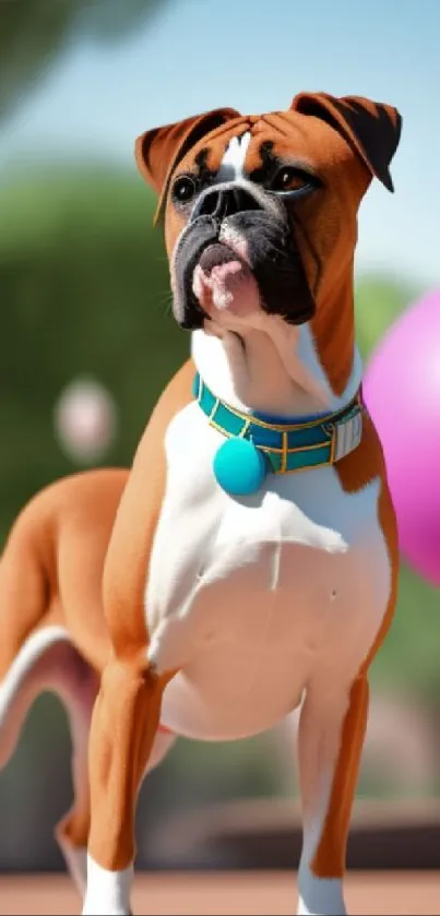 Animated brown boxer dog standing outdoors with colorful background.