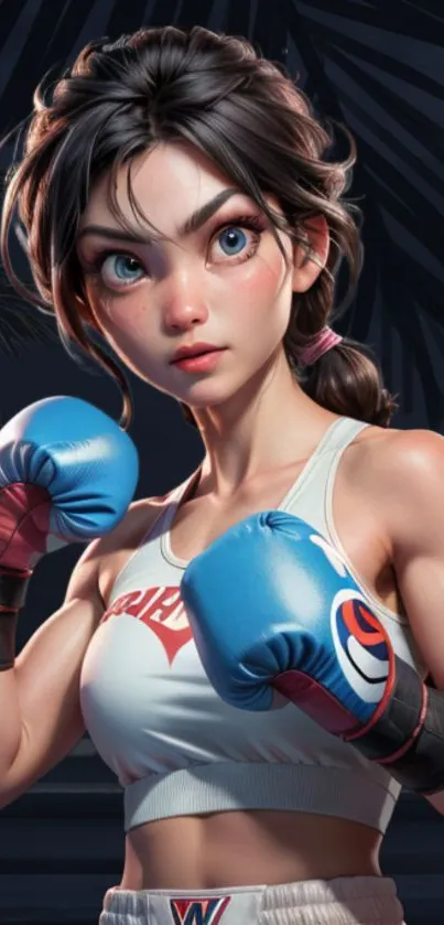 Animated female boxer with gloves in vibrant mobile wallpaper.