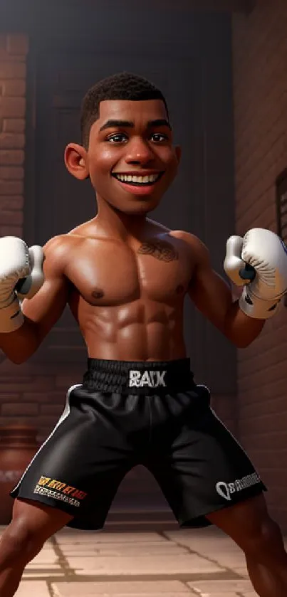 Animated boxer confidently posing in a dimly lit brick alley under a street lamp.