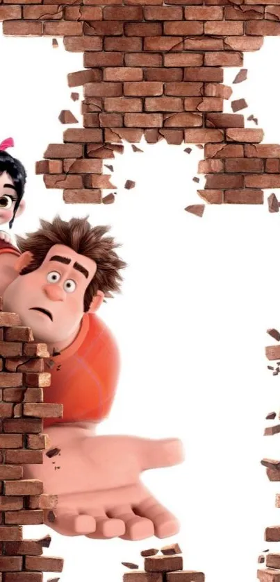 Animated characters peeking through a brick wall with playful expressions.