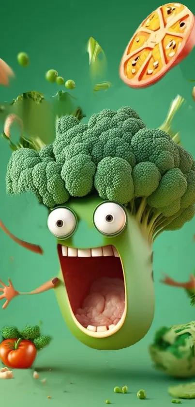 Vibrant animated broccoli with vegetables on a green background.