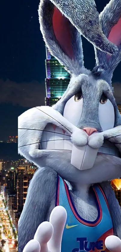 Animated bunny in a sports jersey against a city backdrop wallpaper.