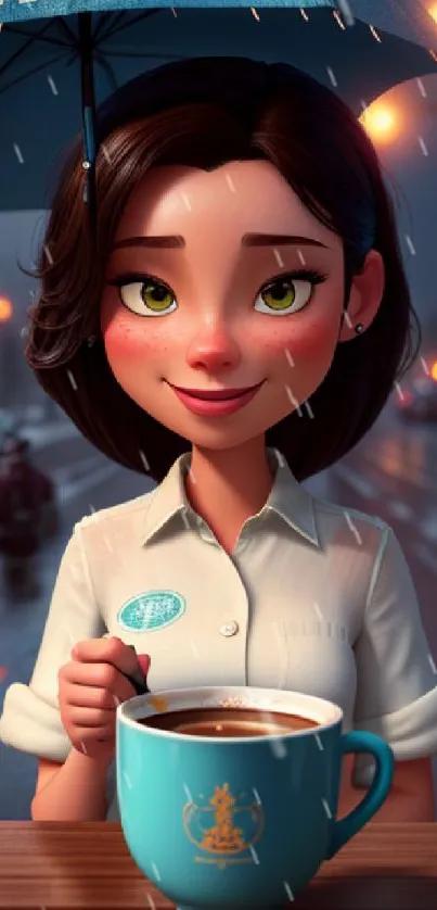 Animated character with coffee under an umbrella in a city setting.