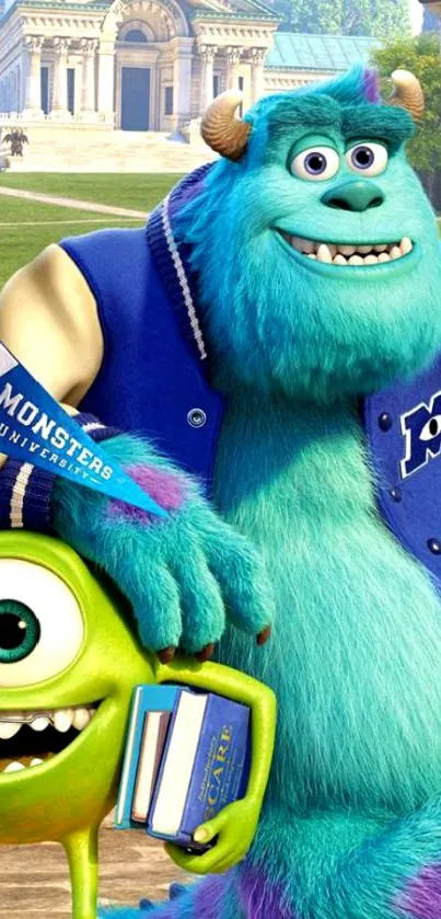 Monsters University characters in a vibrant campus scene.