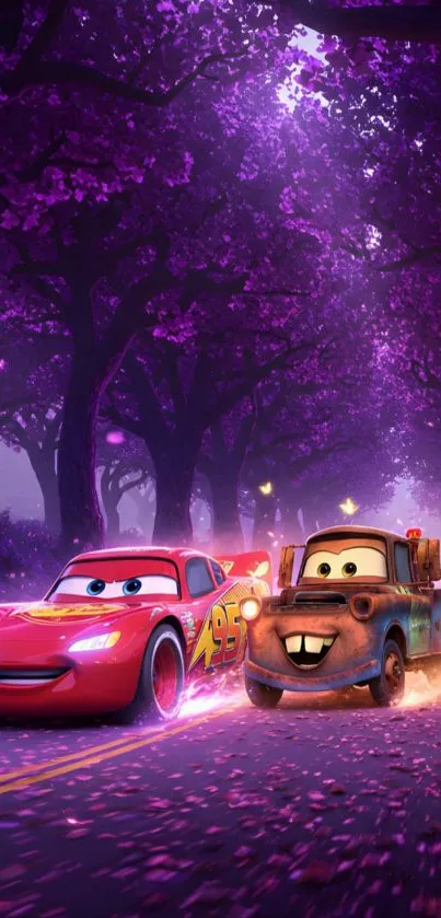 Animated cars race through a purple forest.