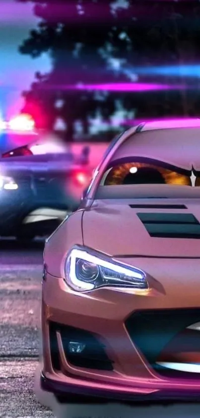 Animated car chase with neon lights and expressive vehicles.