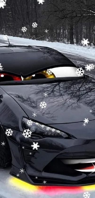 Cartoon style sports car on snowy road with vibrant lights in winter scene.