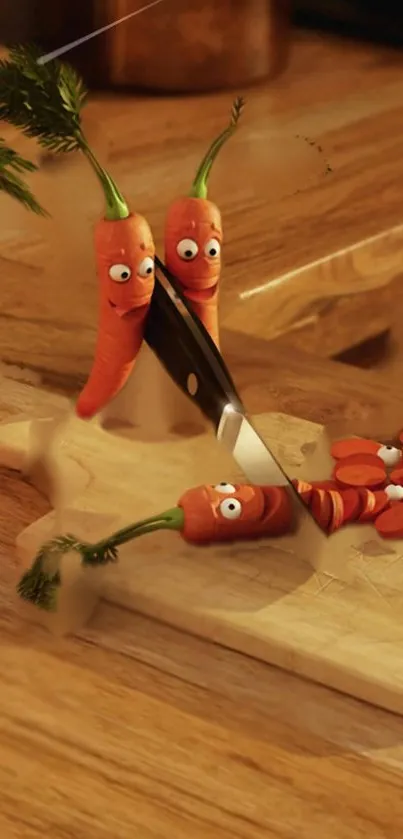 Animated carrots with eyes on a kitchen cutting board with a knife.