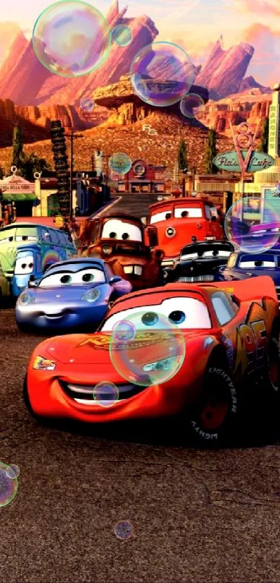 Colorful animated cars scene wallpaper featuring popular characters for mobile.