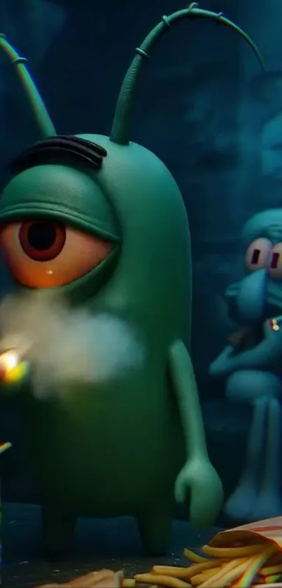 Green cyclops cartoon smoking a joint, with another character in the background.