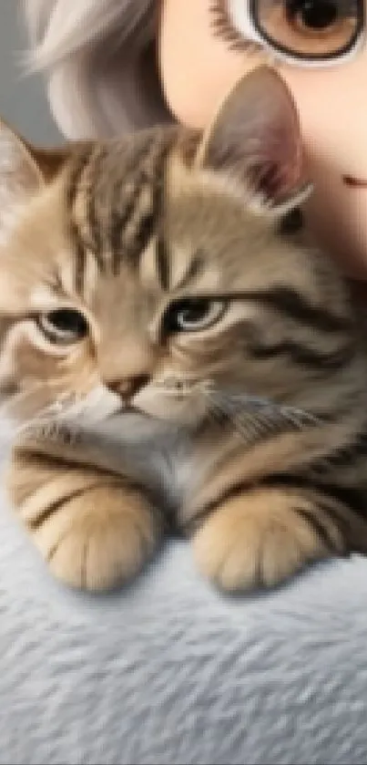 Cute animated cat nestled in owner's arms.