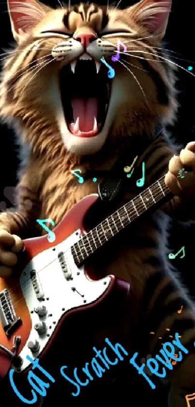 Animated cat playing guitar with colorful notes.