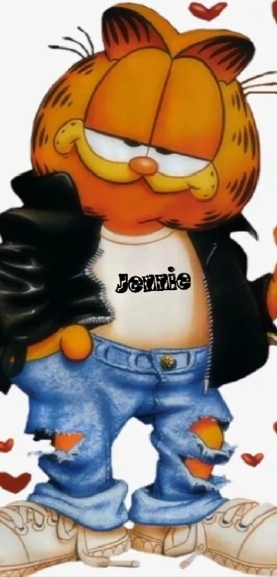 Animated cat in jeans and leather jacket with hearts.