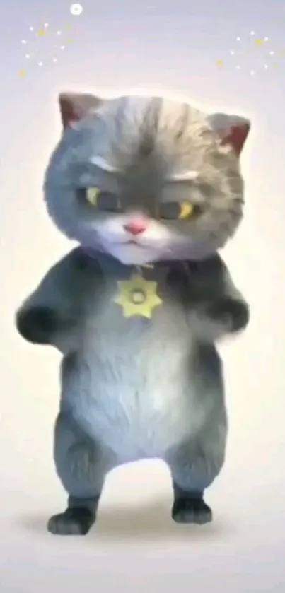 Cute animated cat with star necklace on a light gray background.