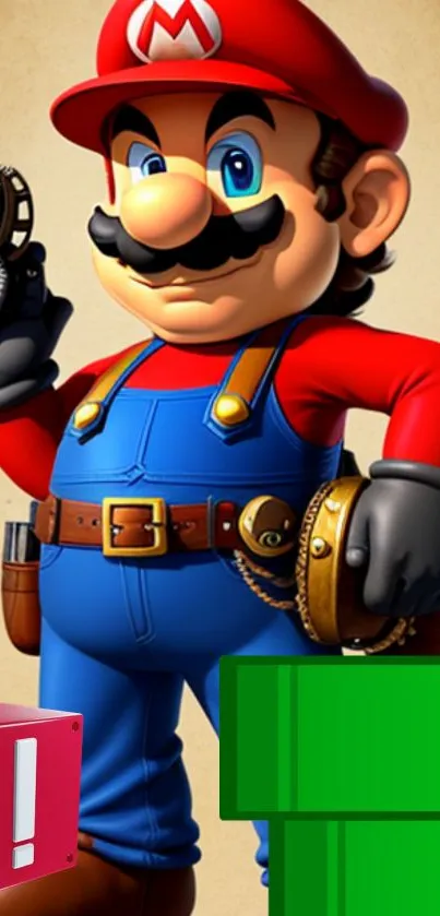 An iconic animated character holding a gadget, standing next to green pipes.