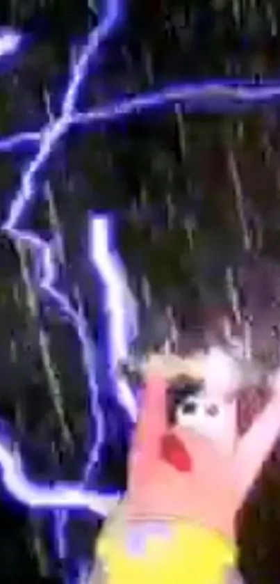 Animated character excited under lightning in dark background.