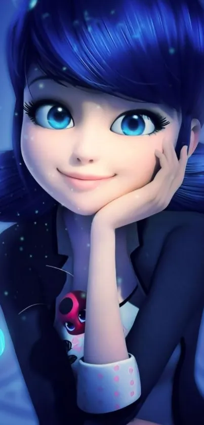 Cartoon character with blue hair and a whimsical background.