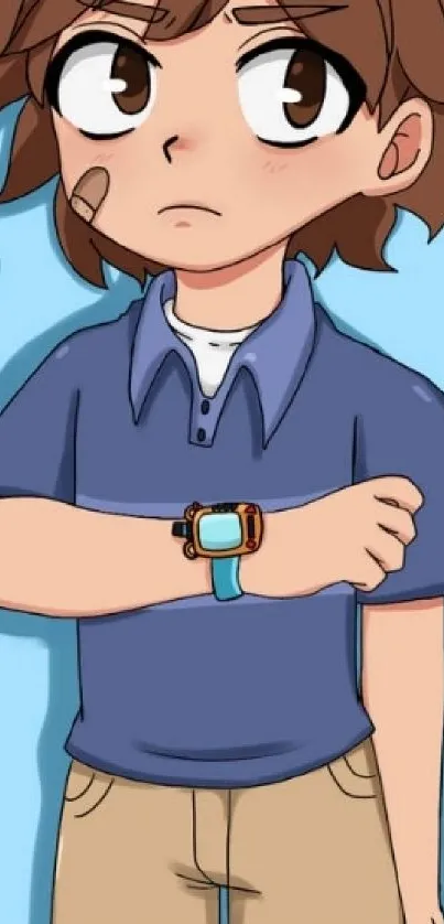 Animated boy with brown hair on a blue background, wearing a watch.