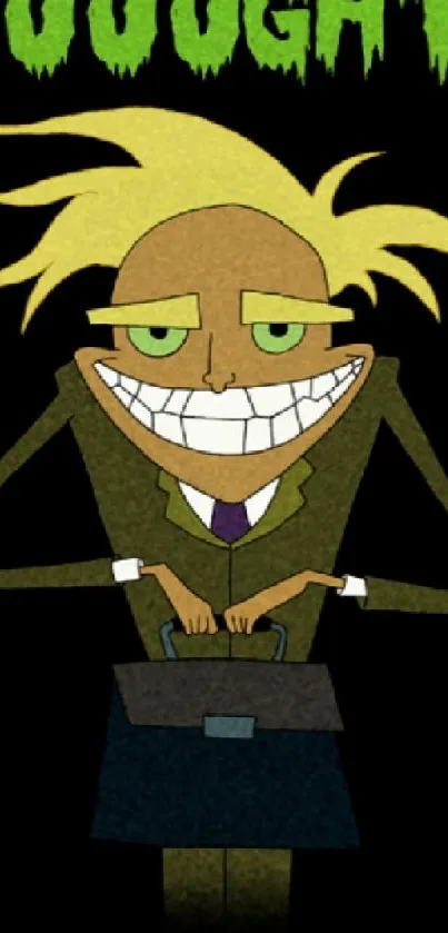 Smiling animated character in a dark suit with green hair and background.