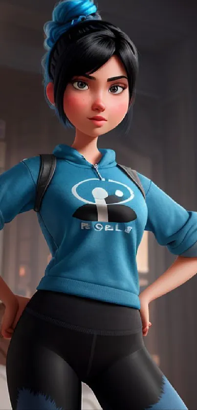 Animated character with blue hoodie, in modern setting.