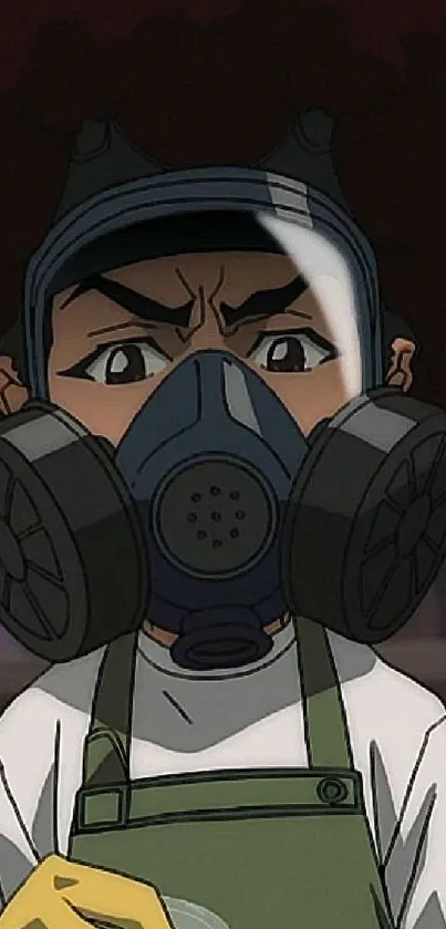 Animated character with gas mask illustration.