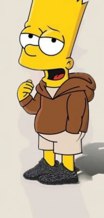 Cartoon character in brown hoodie and sneakers on a light background.