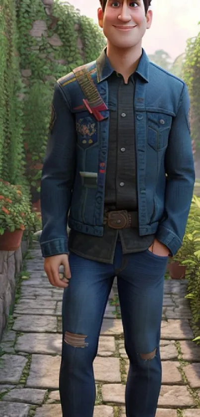 Animated character in a denim outfit walking along a lush garden path.