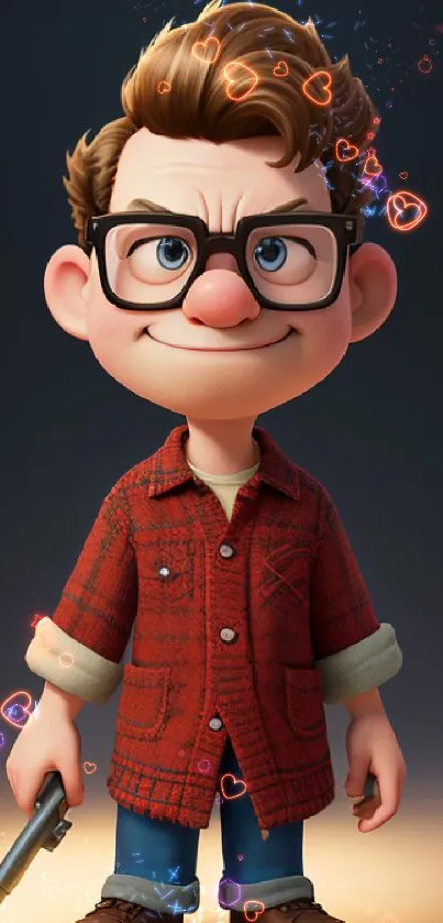 Animated character in red plaid with flashlight on dark background.