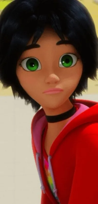 Vibrant animated character wearing a red hoodie.