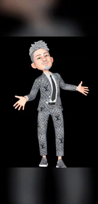 Animated character in a stylish, patterned suit on a black background.