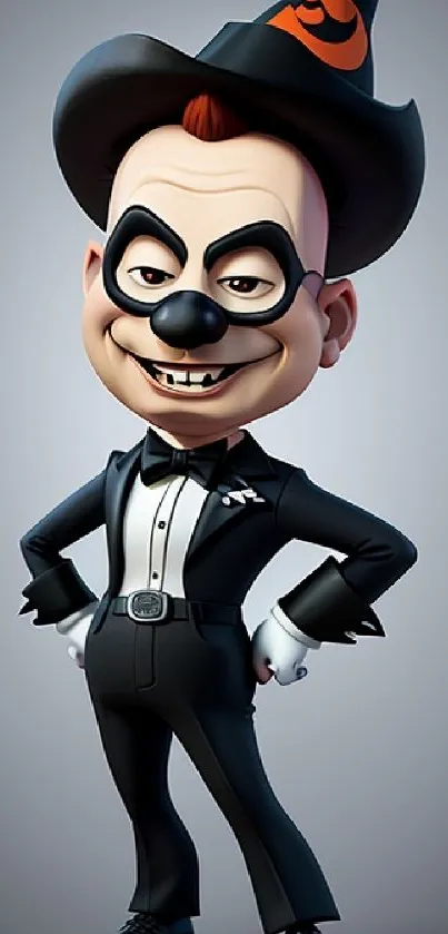 Animated character in tuxedo with hat.