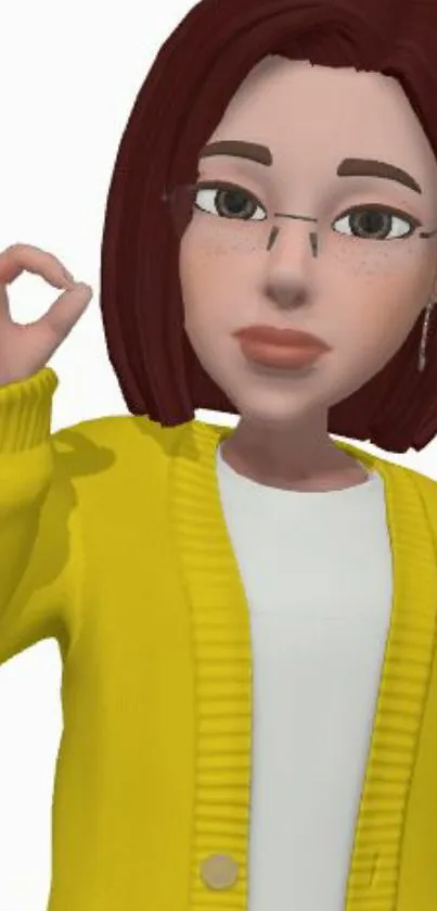 Animated character with a yellow jacket and glasses on a white background.