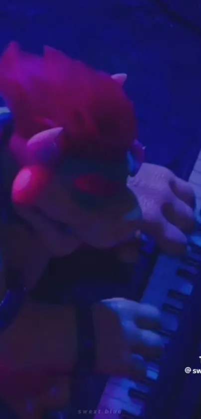 Animated character with red hair playing a piano in blue lighting.