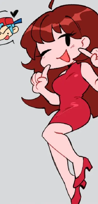 Animated character in red dress with playful expression.