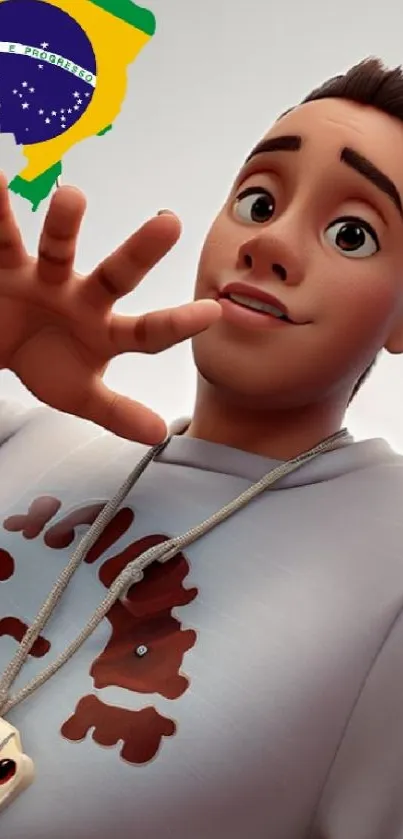 Animated character with gray hoodie and playful expression.