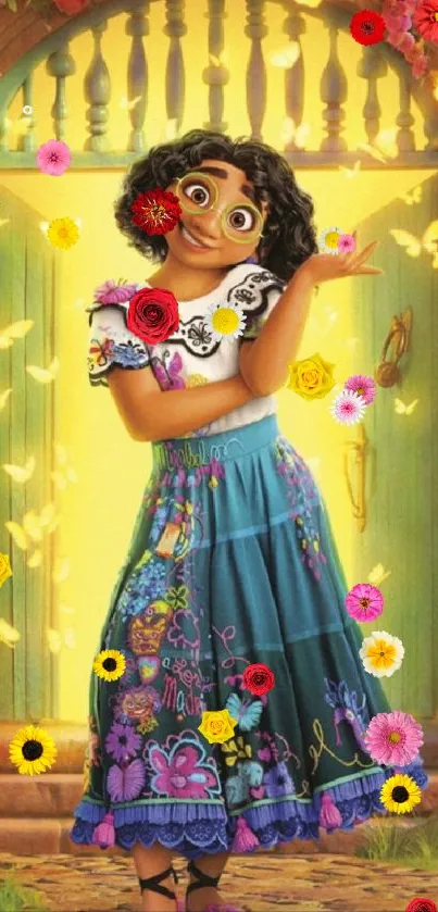 Vibrant animated character with floral skirt and butterflies.