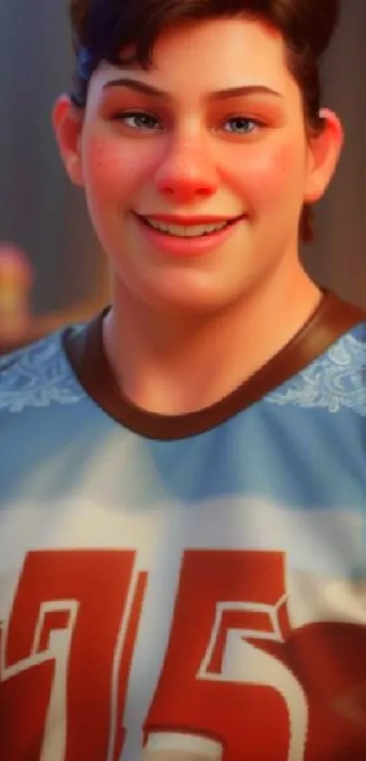 Smiling animated character in blue jersey with number 75.