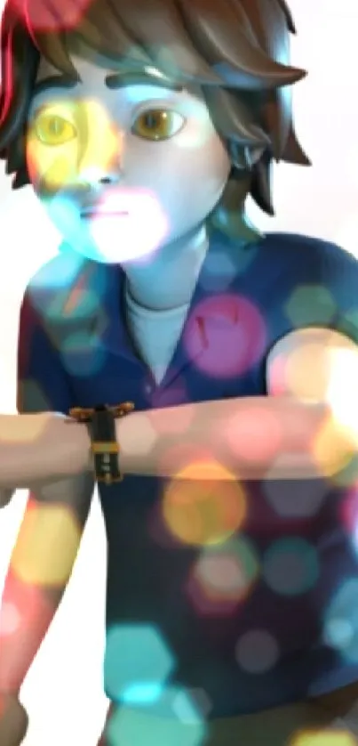 Animated character with blue shirt checking smartwatch.